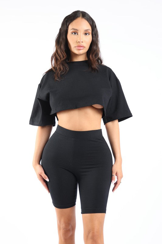 Solid short sleeve crop top and biker short set