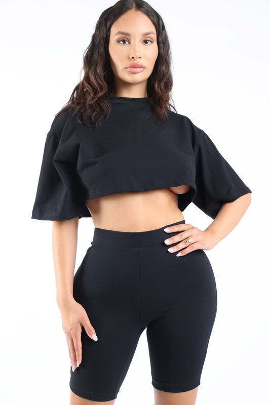 Solid short sleeve crop top and biker short set